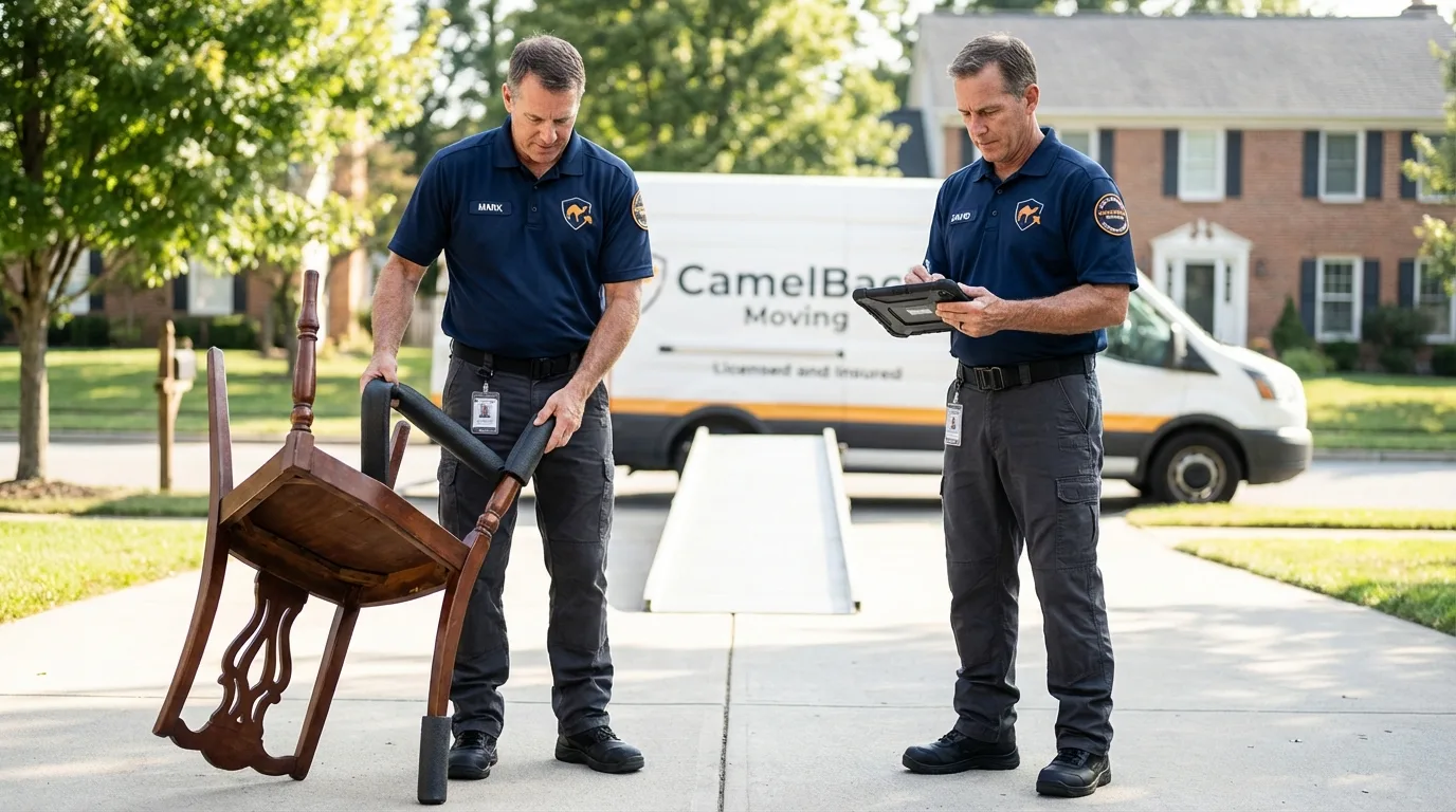 Movers inspecting furniture for damage prevention before loading in Penngrove, CA